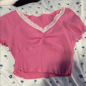 Pink Lace Trim Ribbed Women's Top
